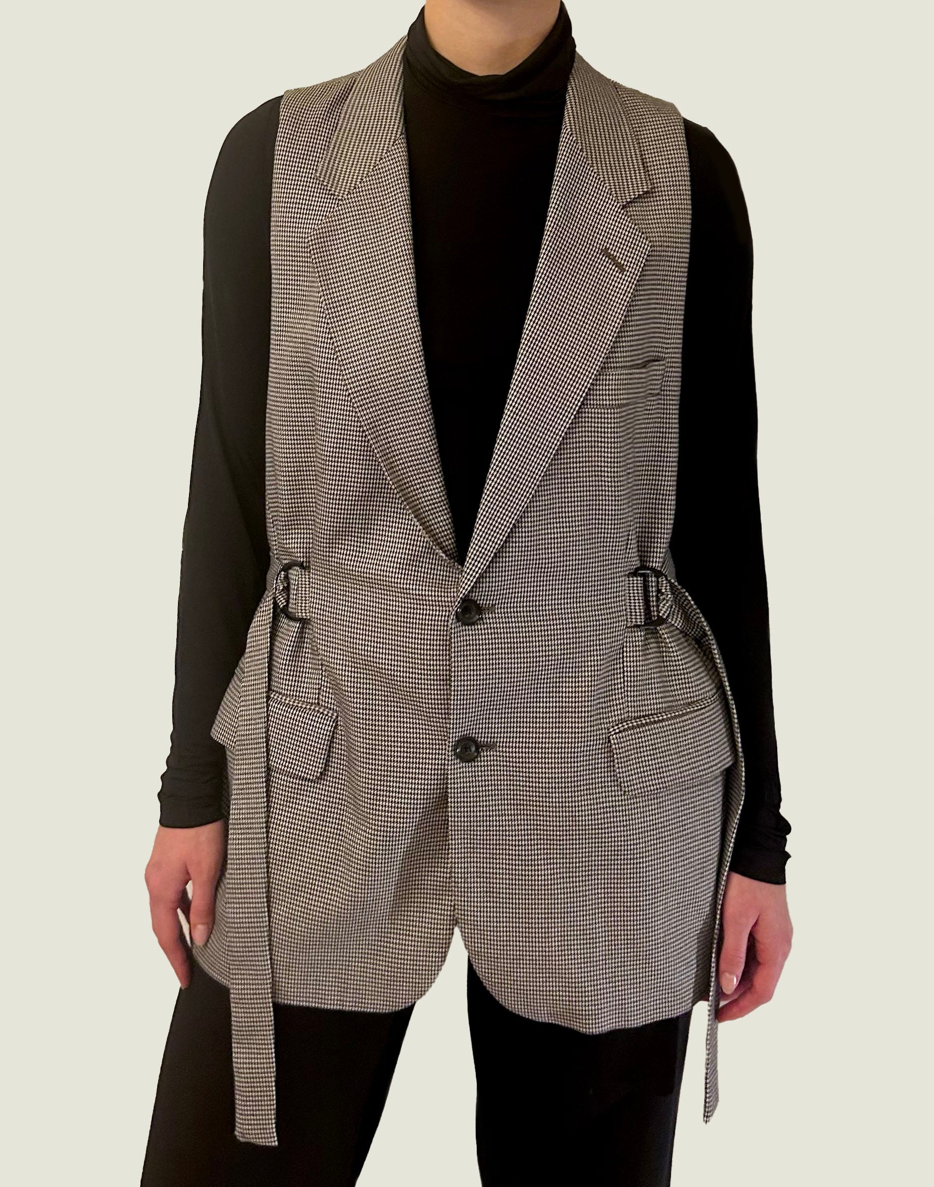 Houndstooth Black White Double Belted Vest - Main Image