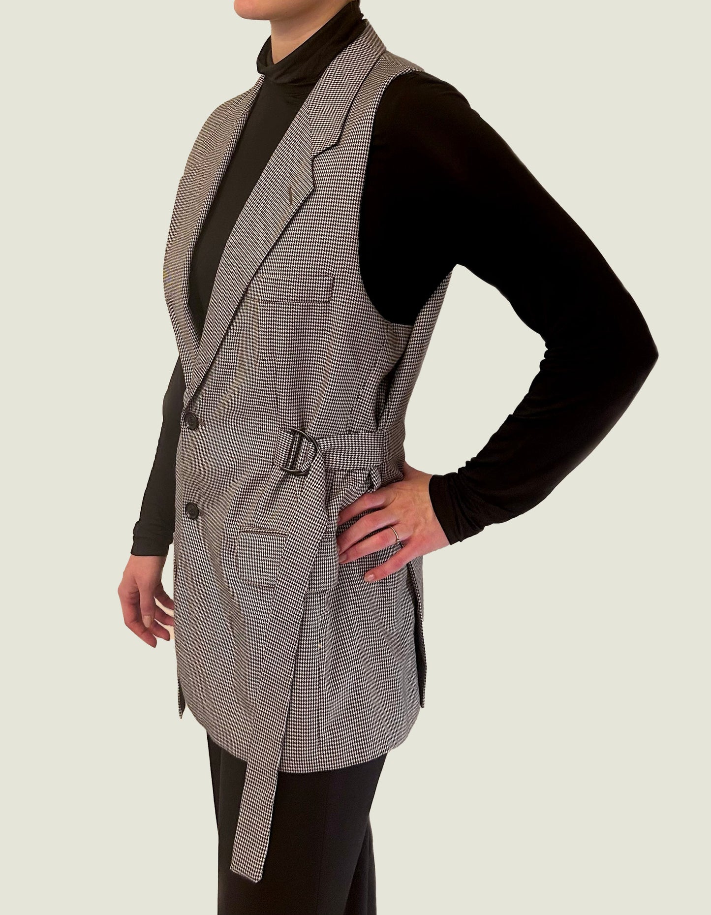 Houndstooth Black & White Double Belted Vest