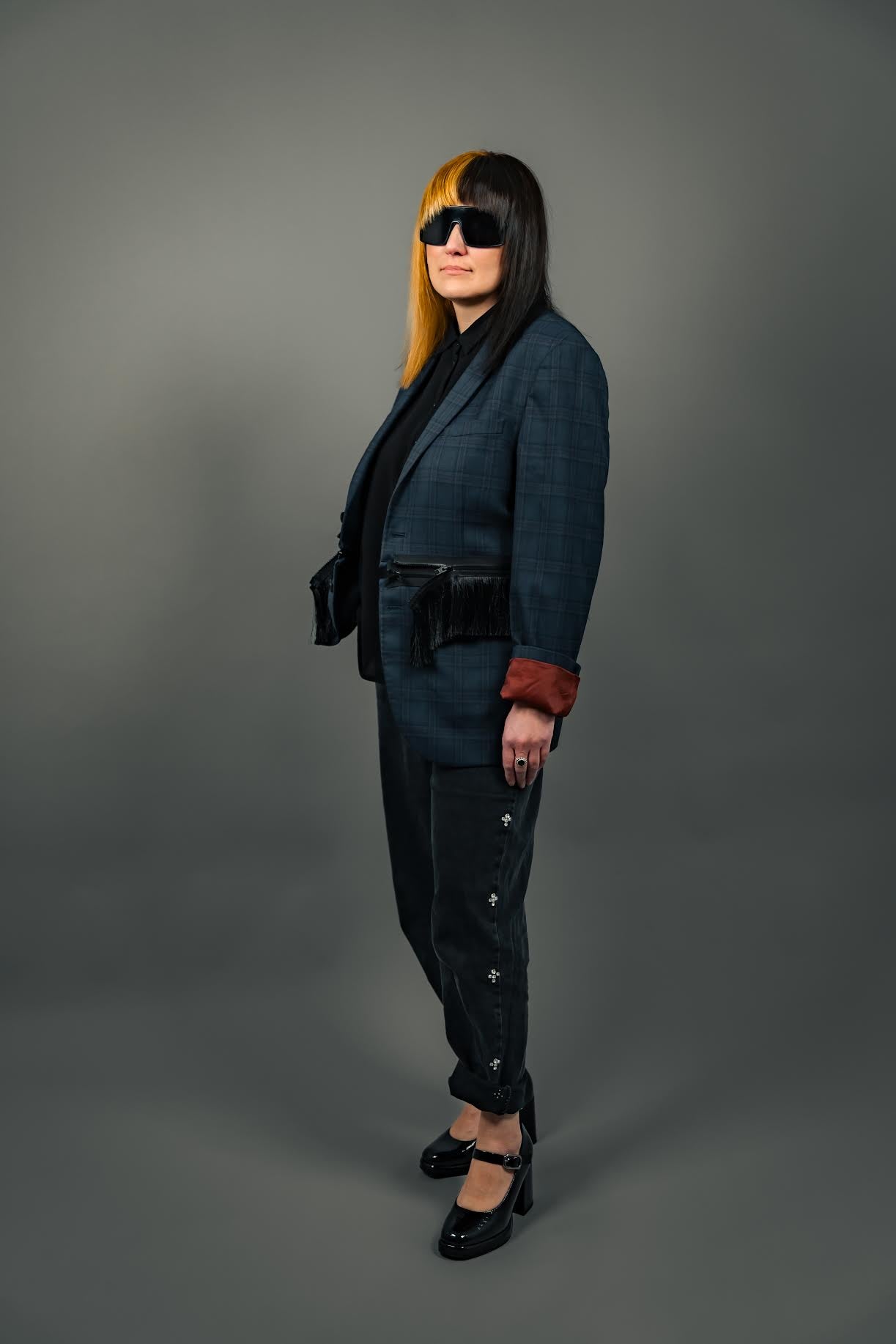 Navy Checkered Fringe Jacket